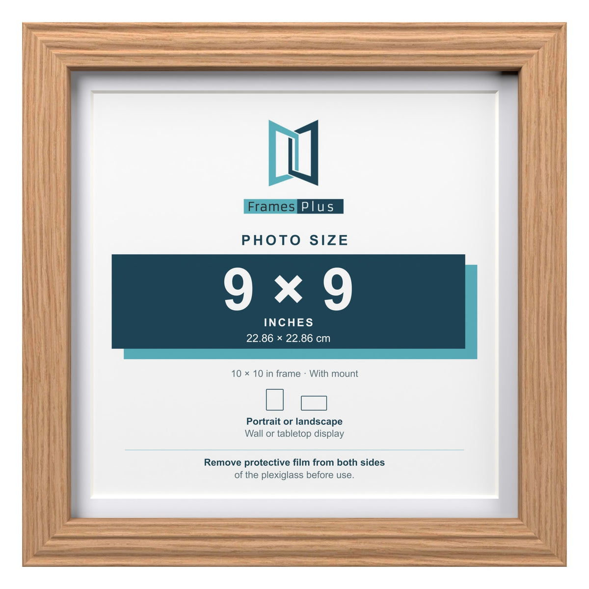 Devon Oak 10 x 10 inch picture frame with a white mount for a 9 x 9 inch photo