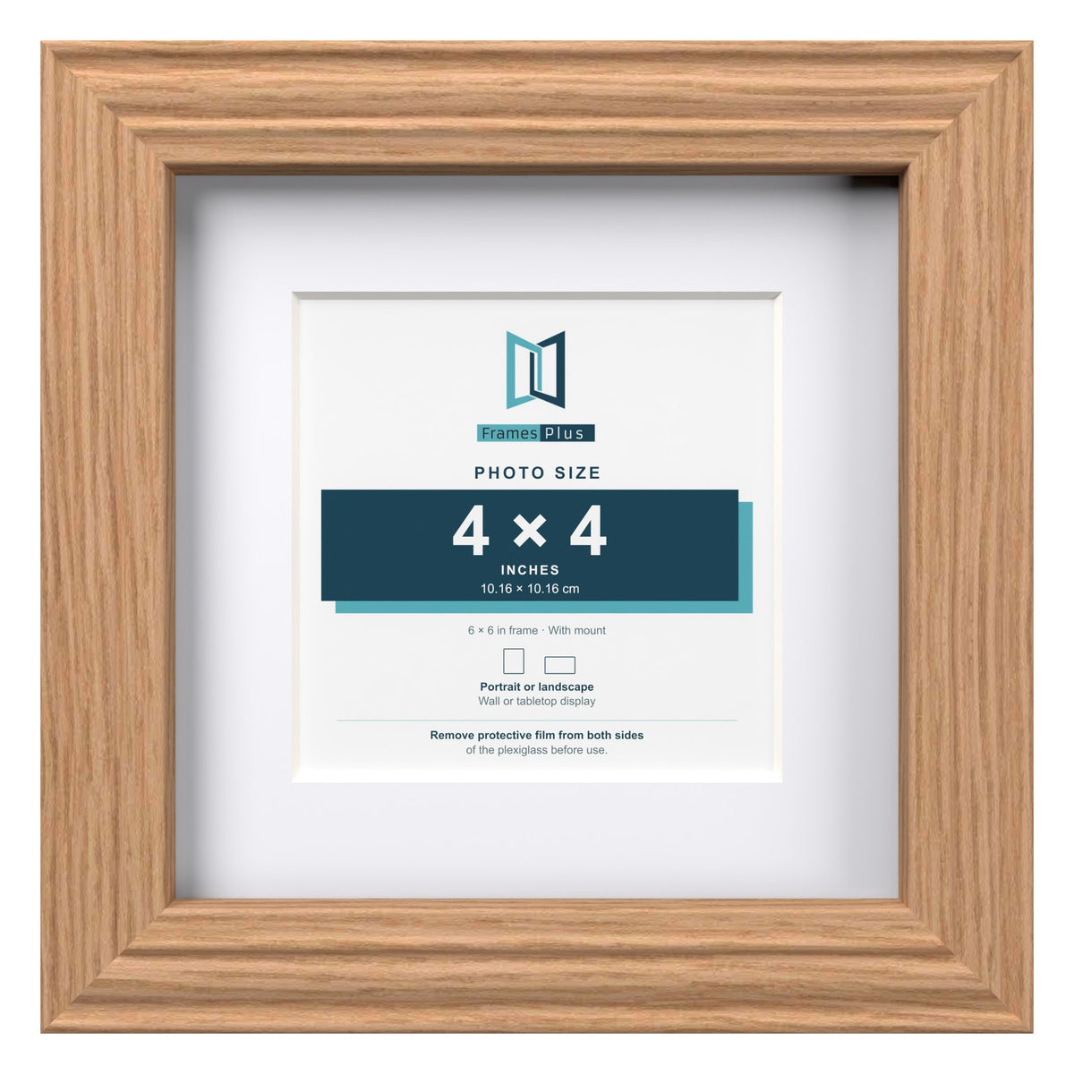 Devon Oak 6 x 6 inch picture frame with a white mount for a 4 x 4 inch photo