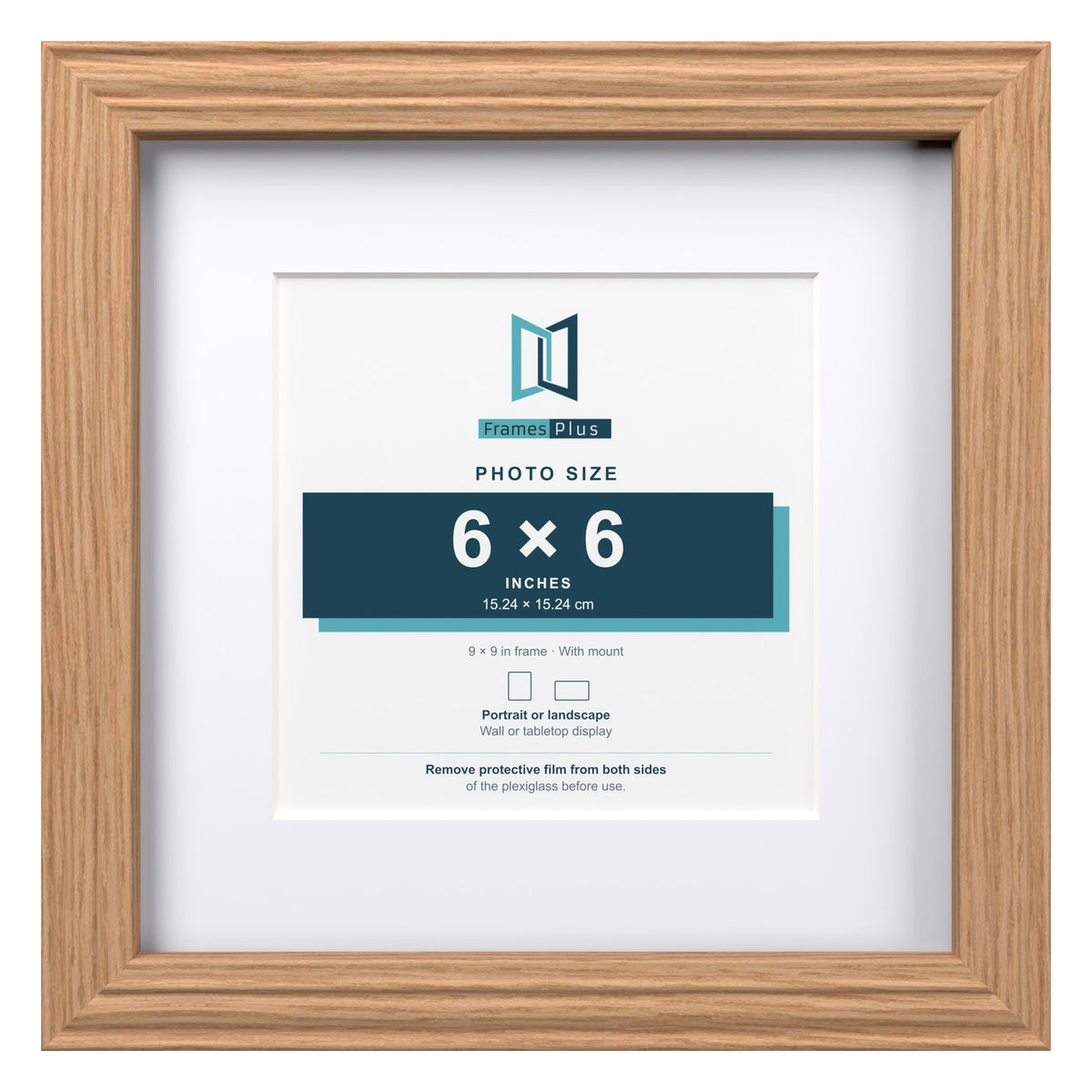 Devon Oak 9 x 9 inch picture frame with a white mount for a 6 x 6 inch photo