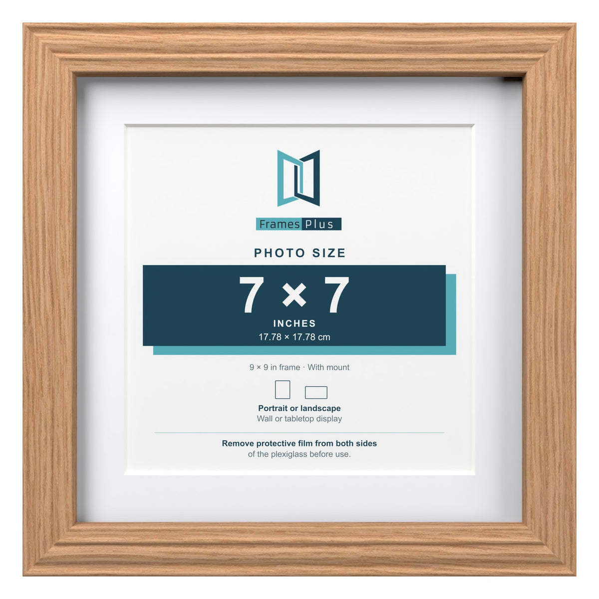 Devon Oak 9 x 9 inch picture frame with a white mount for a 7 x 7 inch photo