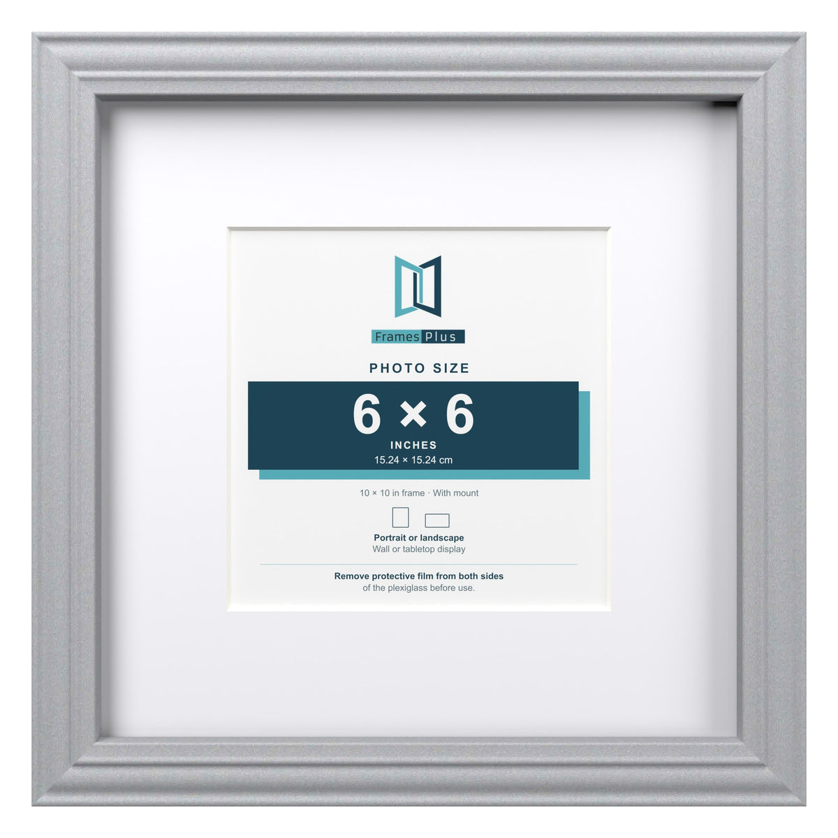 Devon Silver 10 x 10 inch picture frame with a white mount for a 6 x 6 inch photo