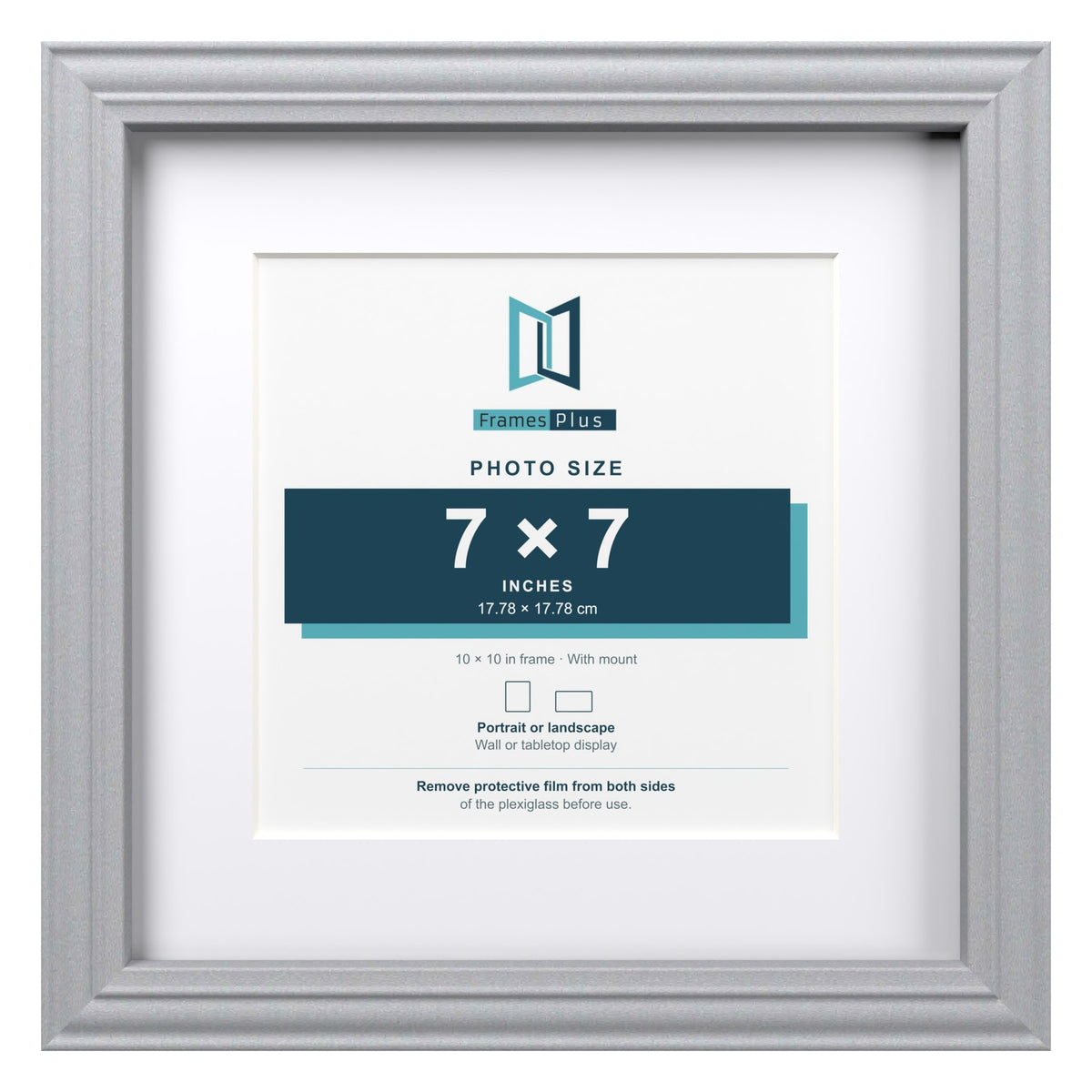 Devon Silver 10 x 10 inch picture frame with a white mount for a 7 x 7 inch photo