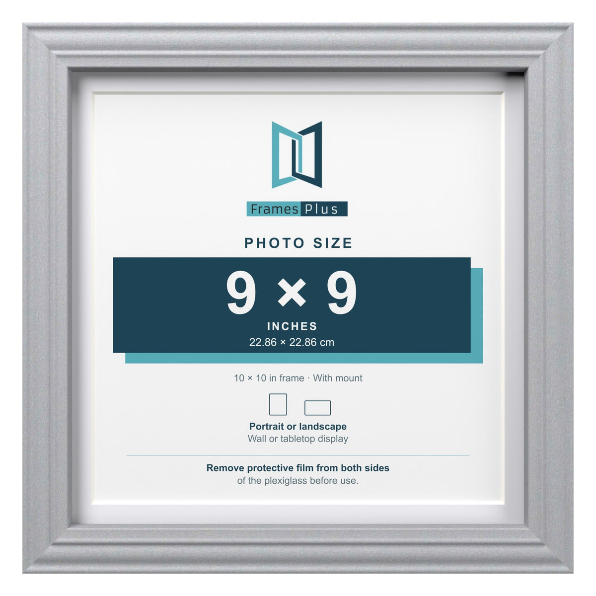 Devon Silver 10 x 10 inch picture frame with a white mount for a 9 x 9 inch photo