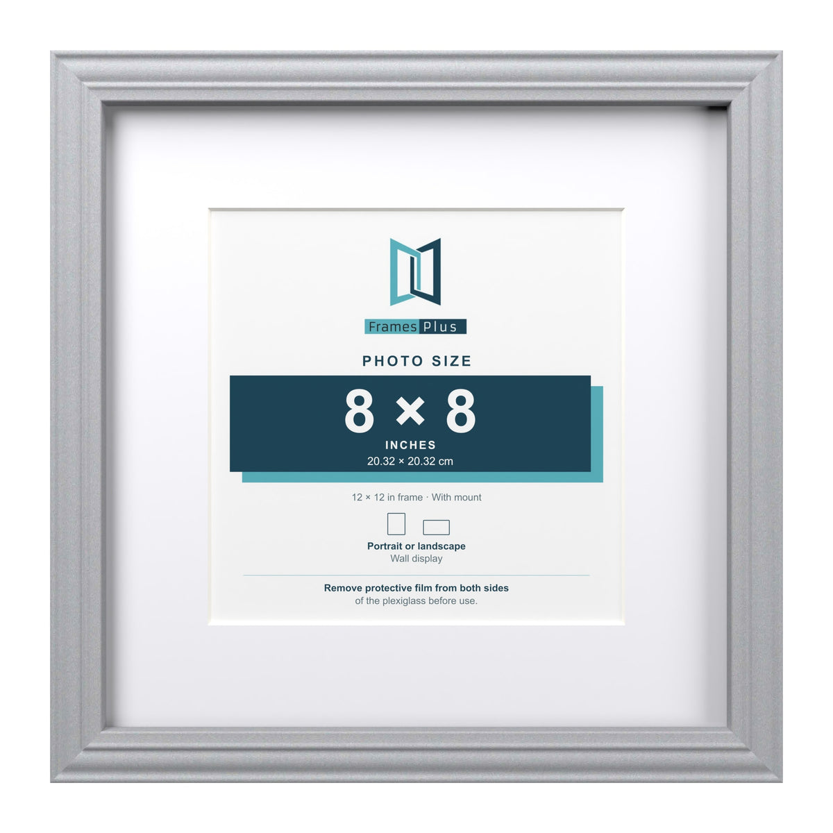 Devon Silver 12 x 12 inch picture frame with a white mount for an 8 x 8 inch photo