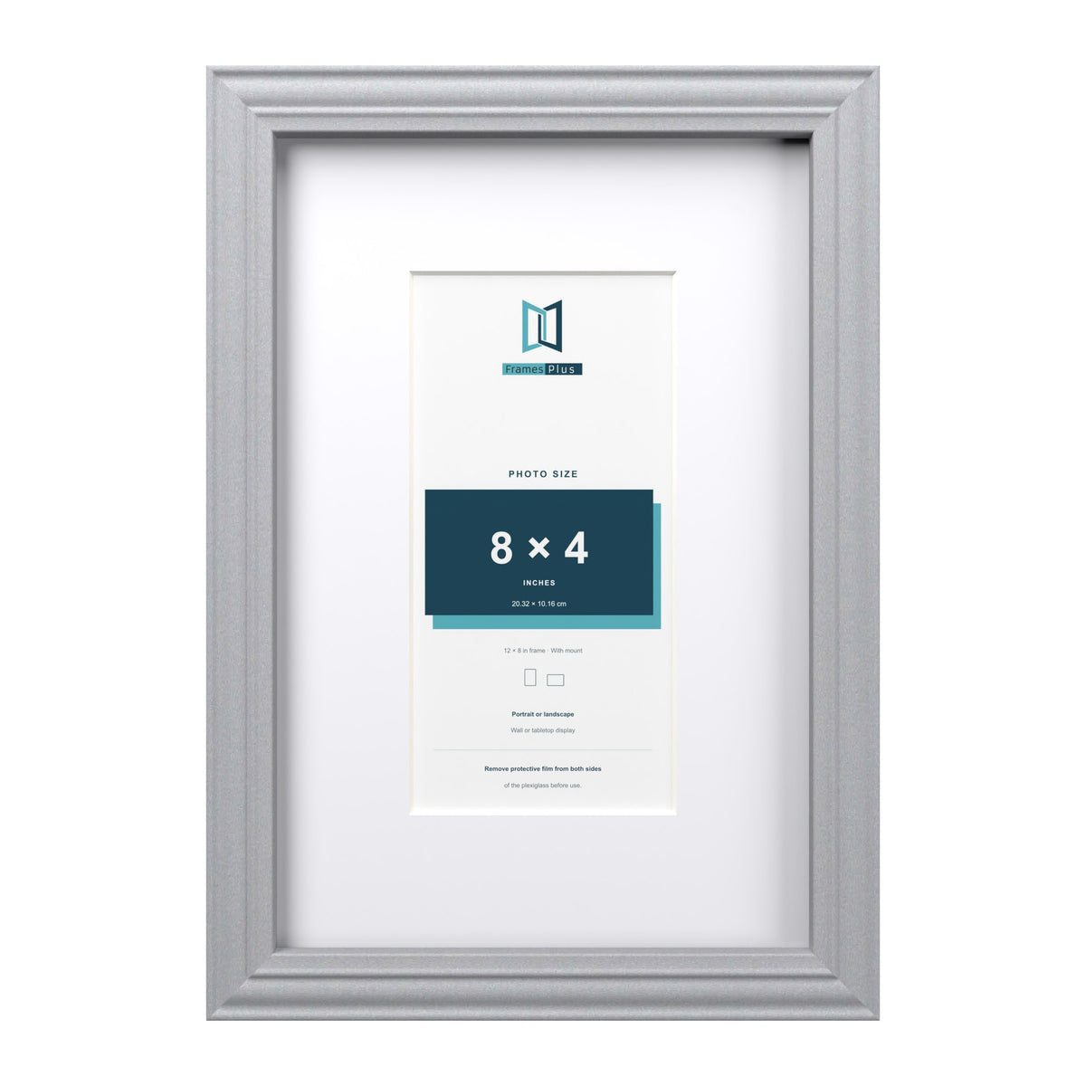 Devon Silver 12 x 8 inch picture frame with a white mount for an 8 x 4 inch photo