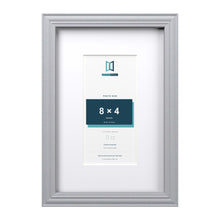Devon Silver 12 x 8 inch picture frame with a white mount for an 8 x 4 inch photo