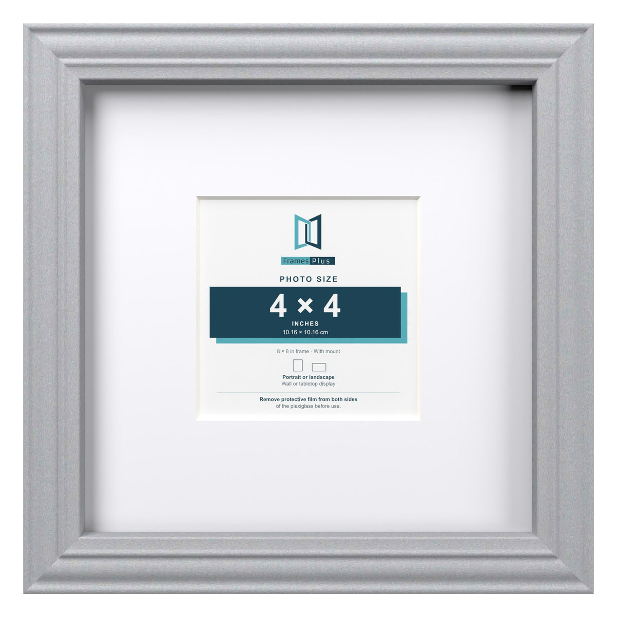 Devon Silver 8 x 8 inch picture frame with a white mount for a 4 x 4 inch photo