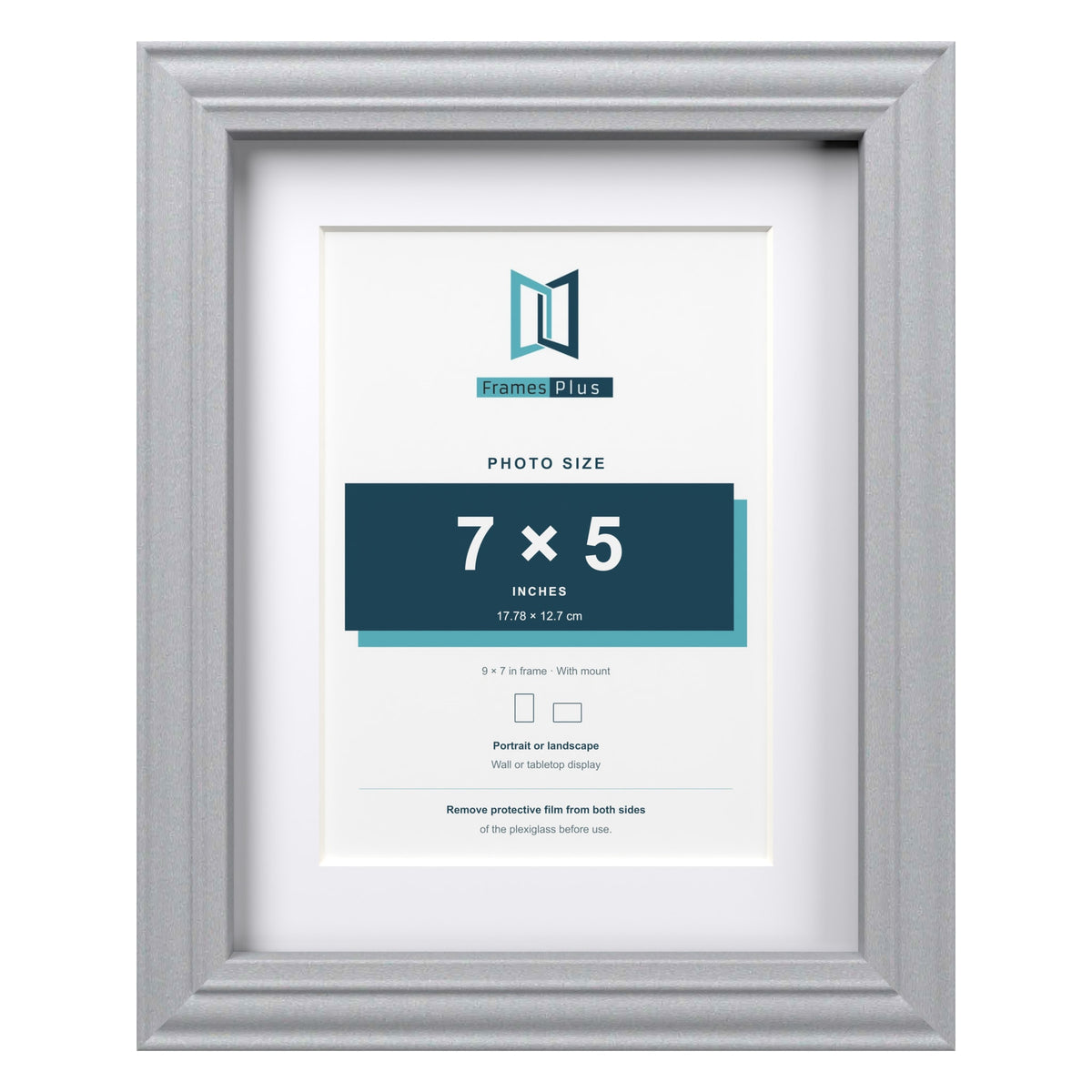 Devon Silver 9 x 7 inch picture frame with a white mount for a 7 x 5 inch photo