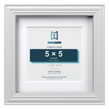 Devon White 7 x 7 inch picture frame with a white mount for a 5 x 5 inch photo