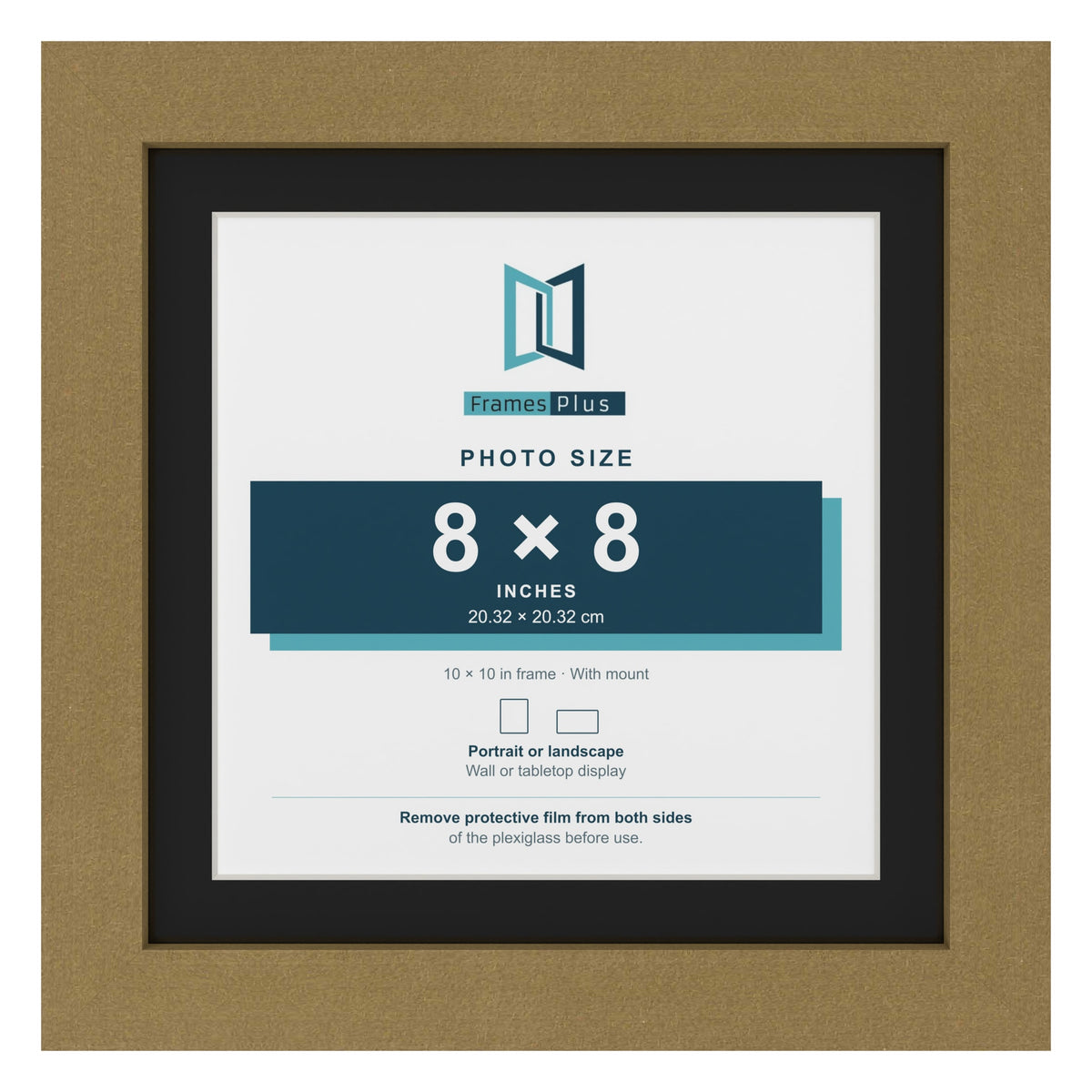 Gold 10 x 10 inch picture frame with a black mount for an 8 x 8 inch photo