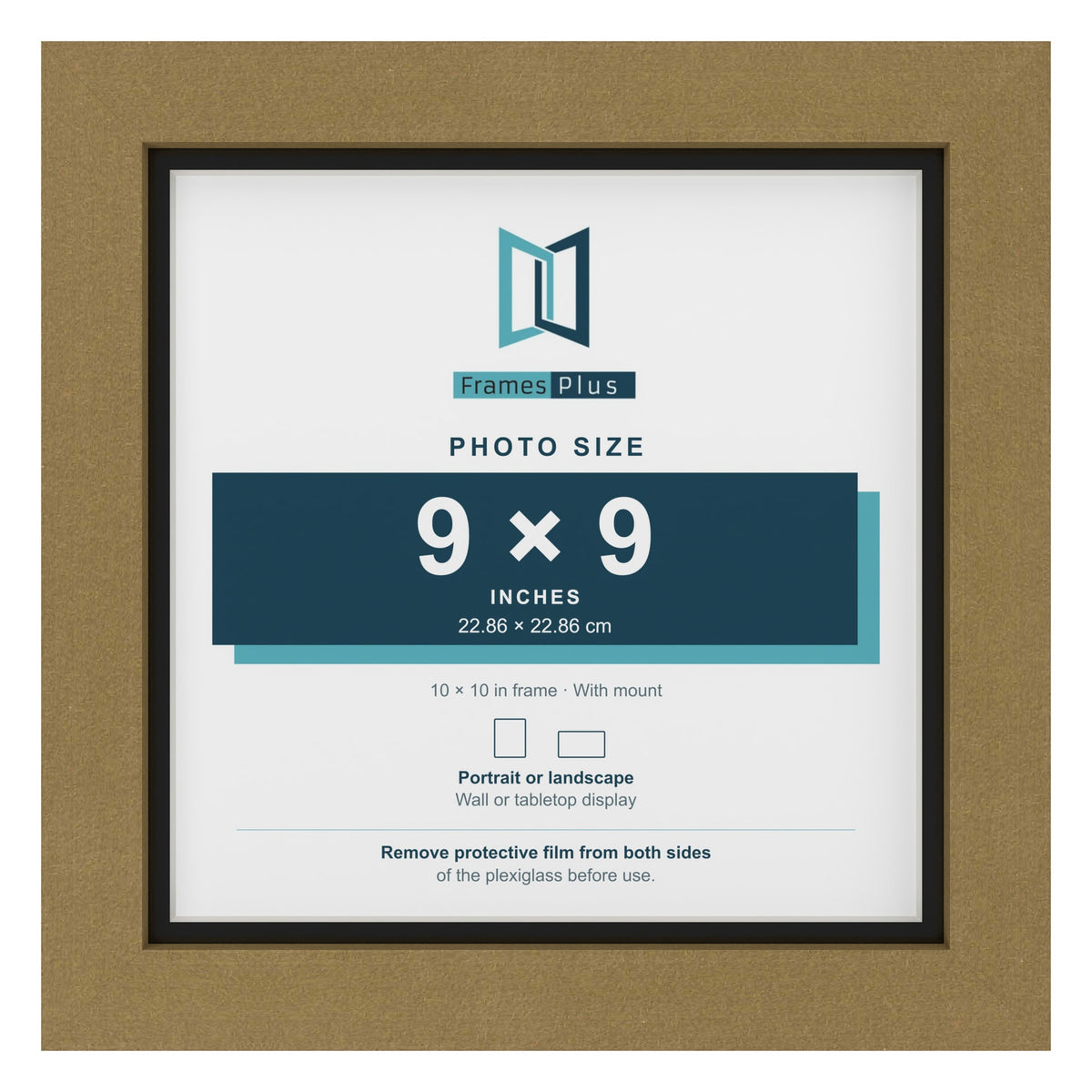 Gold 10 x 10 inch picture frame with a black mount for a 9 x 9 inch photo