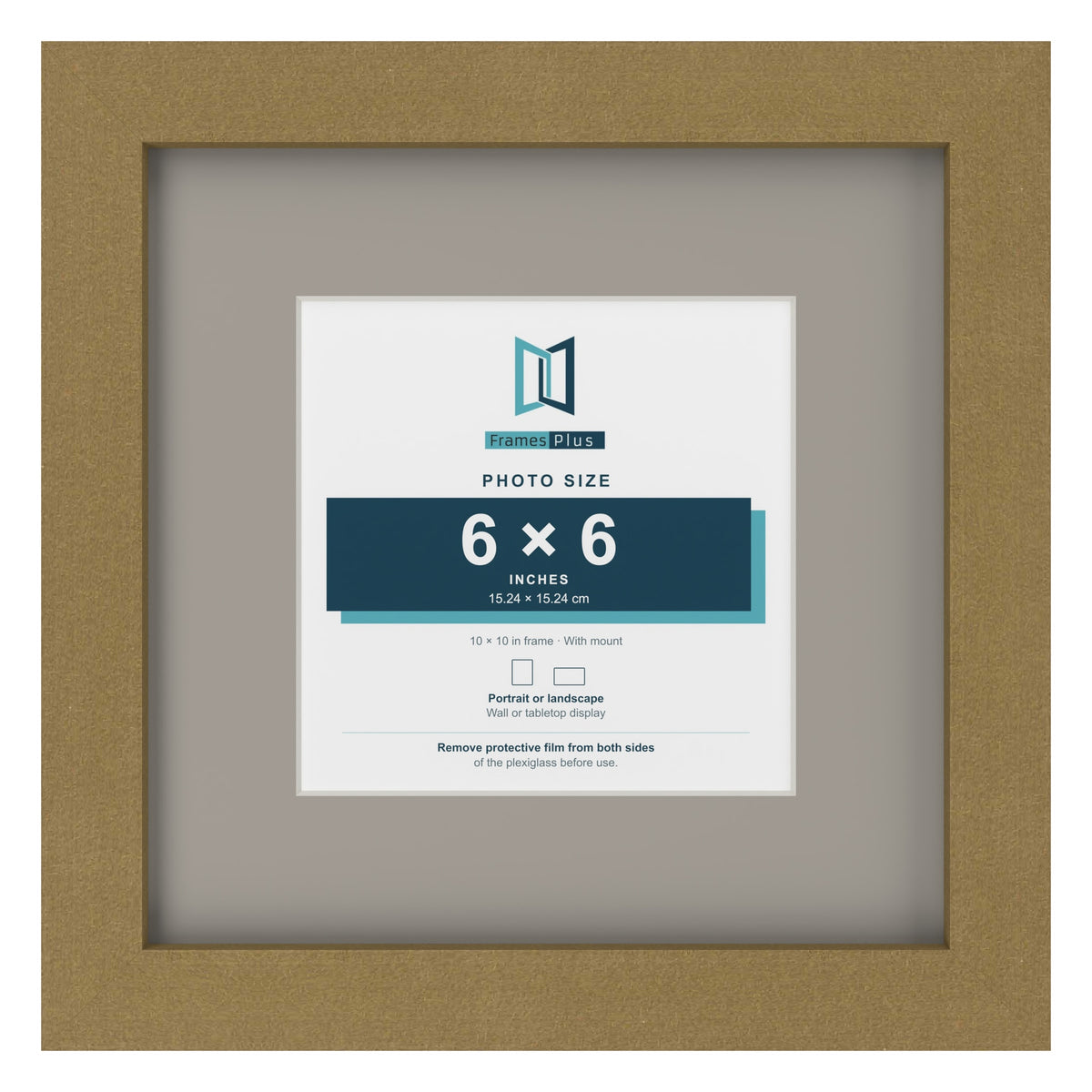 Gold 10 x 10 inch picture frame with a Dawn Grey mount for a 6 x 6 inch photo