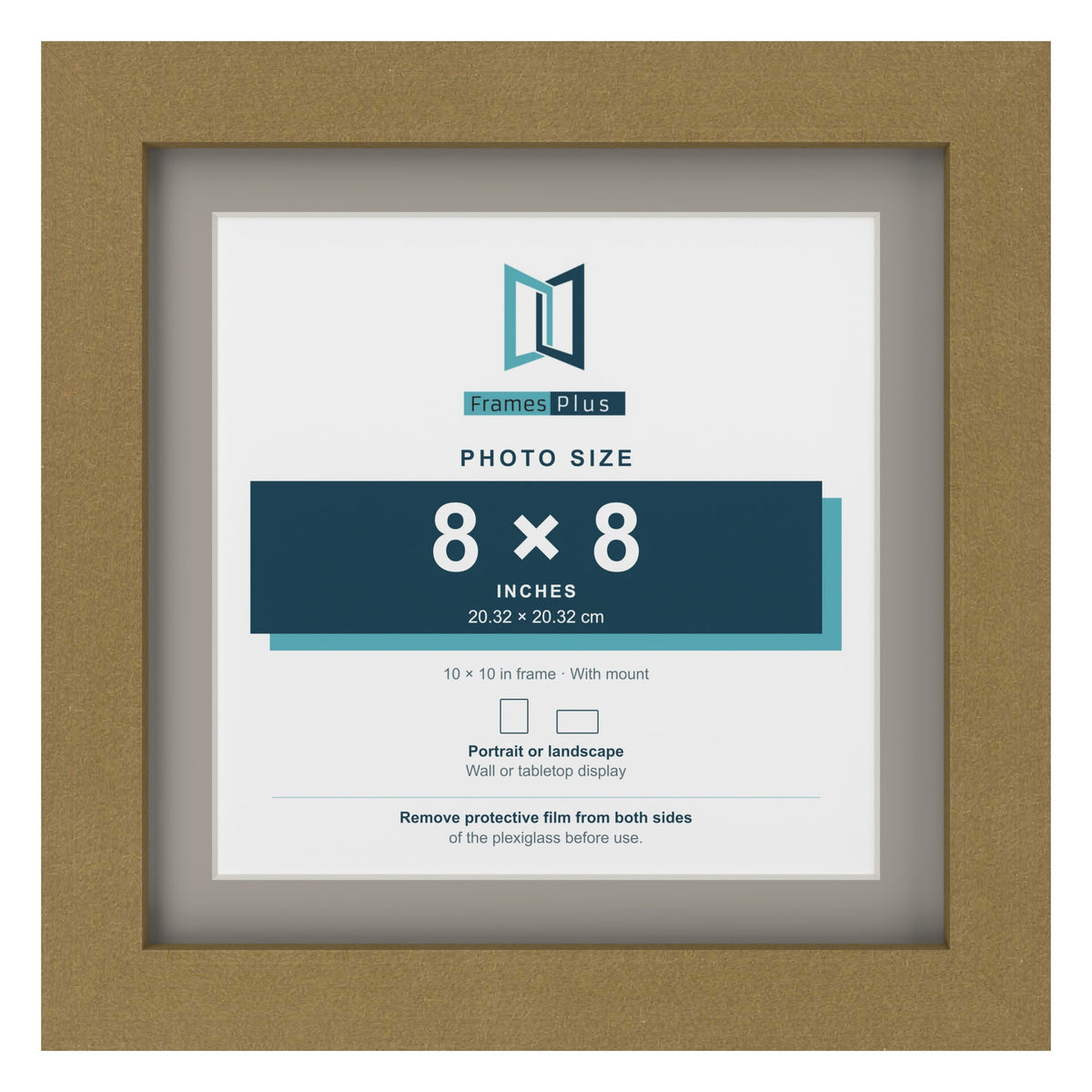 Gold 10 x 10 inch picture frame with a Dawn Grey mount for an 8 x 8 inch photo