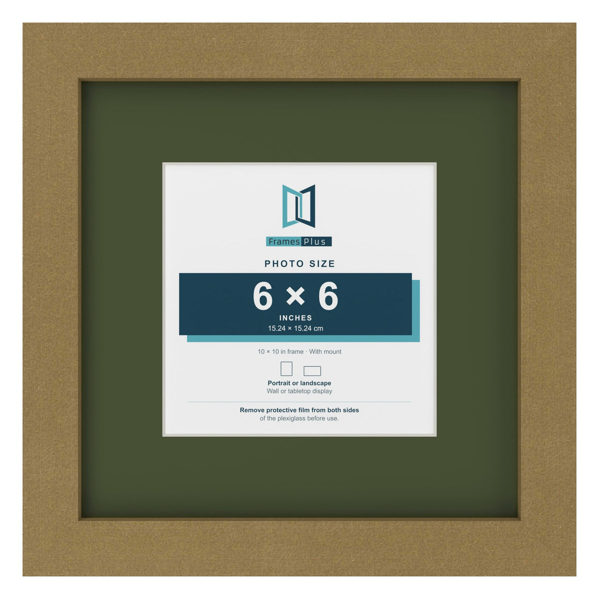 Gold 10 x 10 inch picture frame with a green mount for a 6 x 6 inch photo