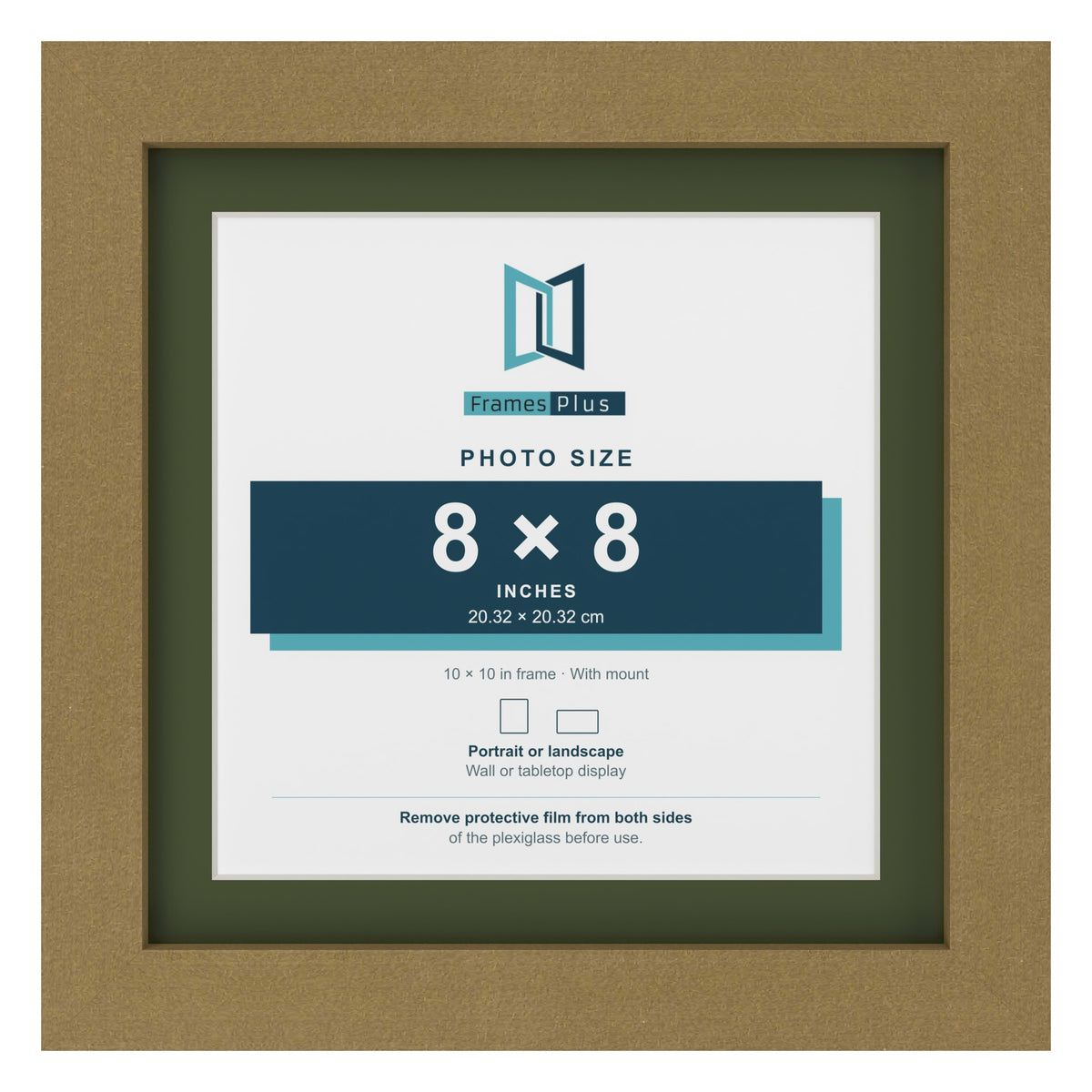 Gold 10 x 10 inch picture frame with a green mount for an 8 x 8 inch photo