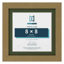 Gold 10 x 10 inch picture frame with a green mount for an 8 x 8 inch photo