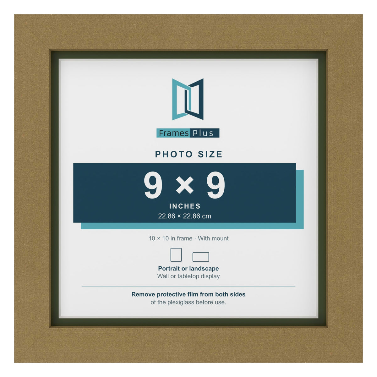 Gold 10 x 10 inch picture frame with a green mount for a 9 x 9 inch photo