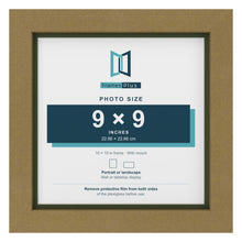 Gold 10 x 10 inch picture frame with a green mount for a 9 x 9 inch photo