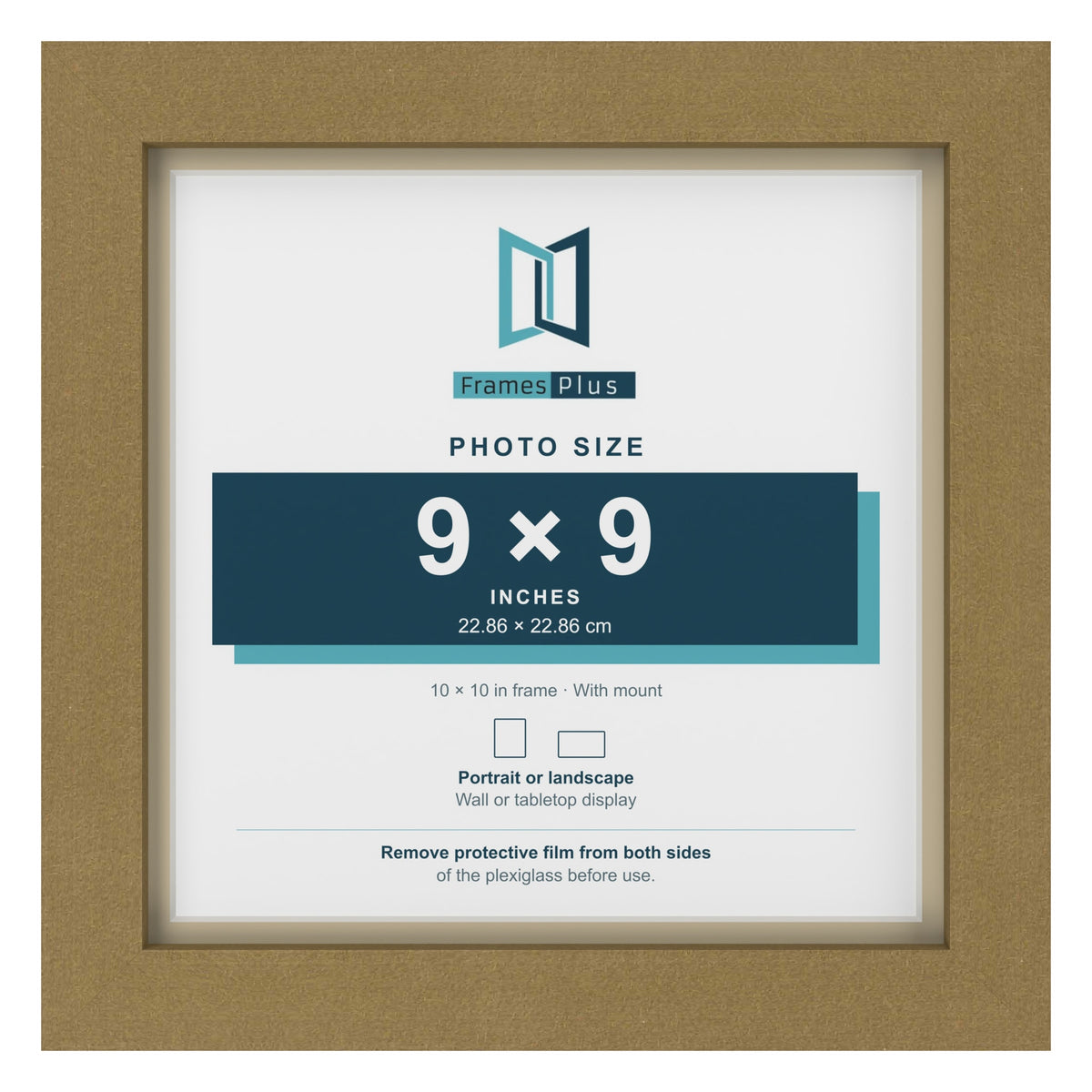 Gold 10 x 10 inch picture frame with an ivory mount for a 9 x 9 inch photo
