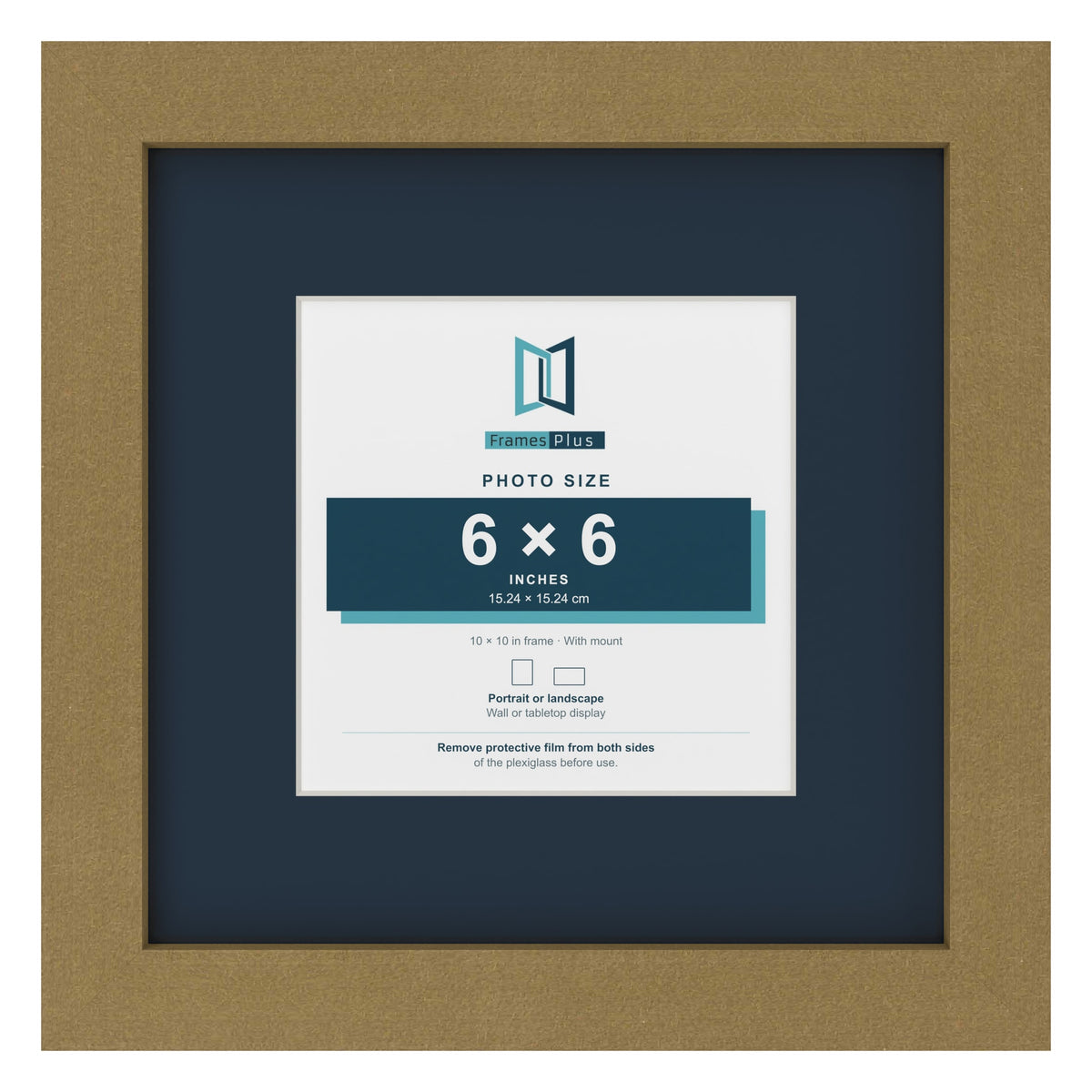 Gold 10 x 10 inch picture frame with a Pacific Blue mount for a 6 x 6 inch photo