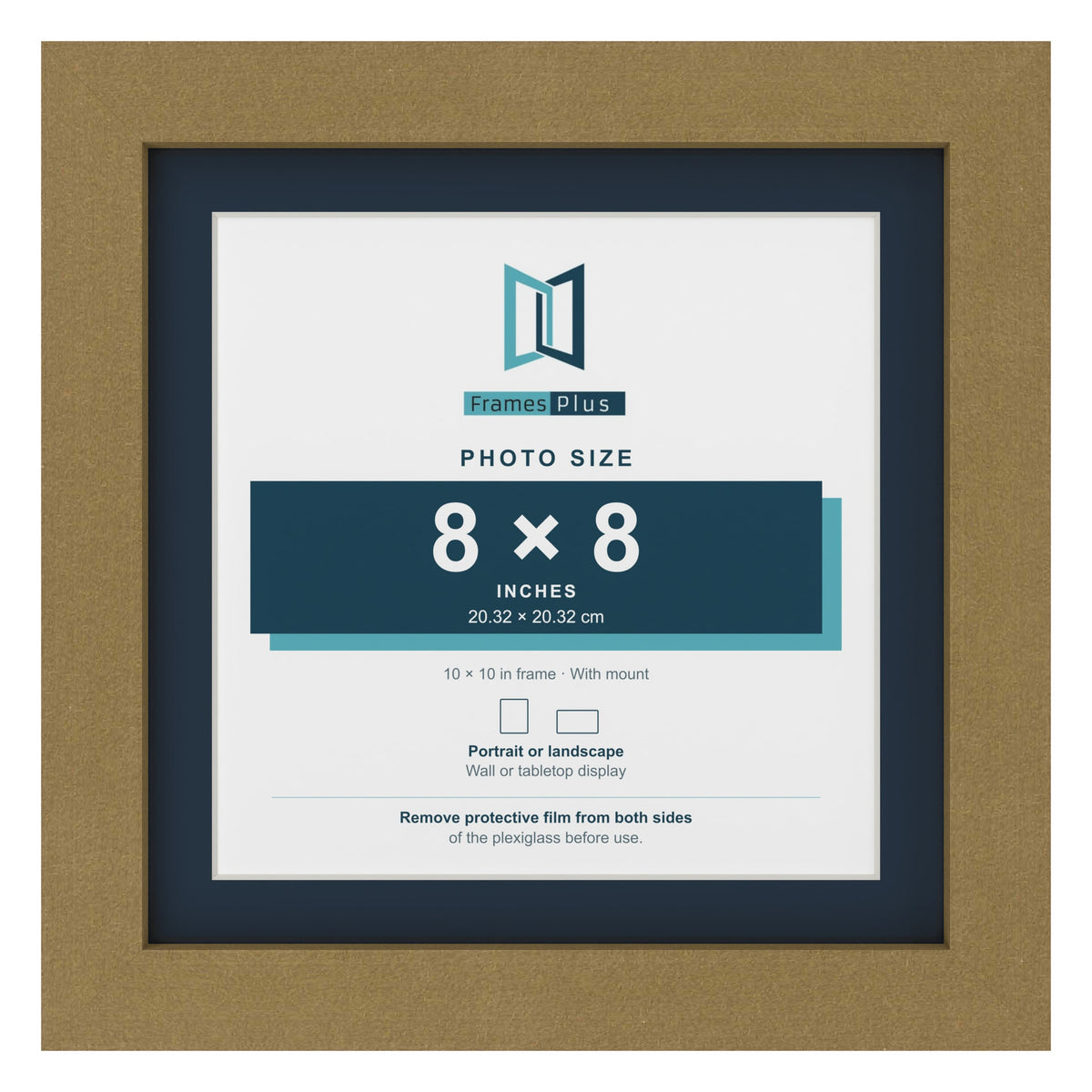Gold 10 x 10 inch picture frame with a Pacific Blue mount for an 8 x 8 inch photo