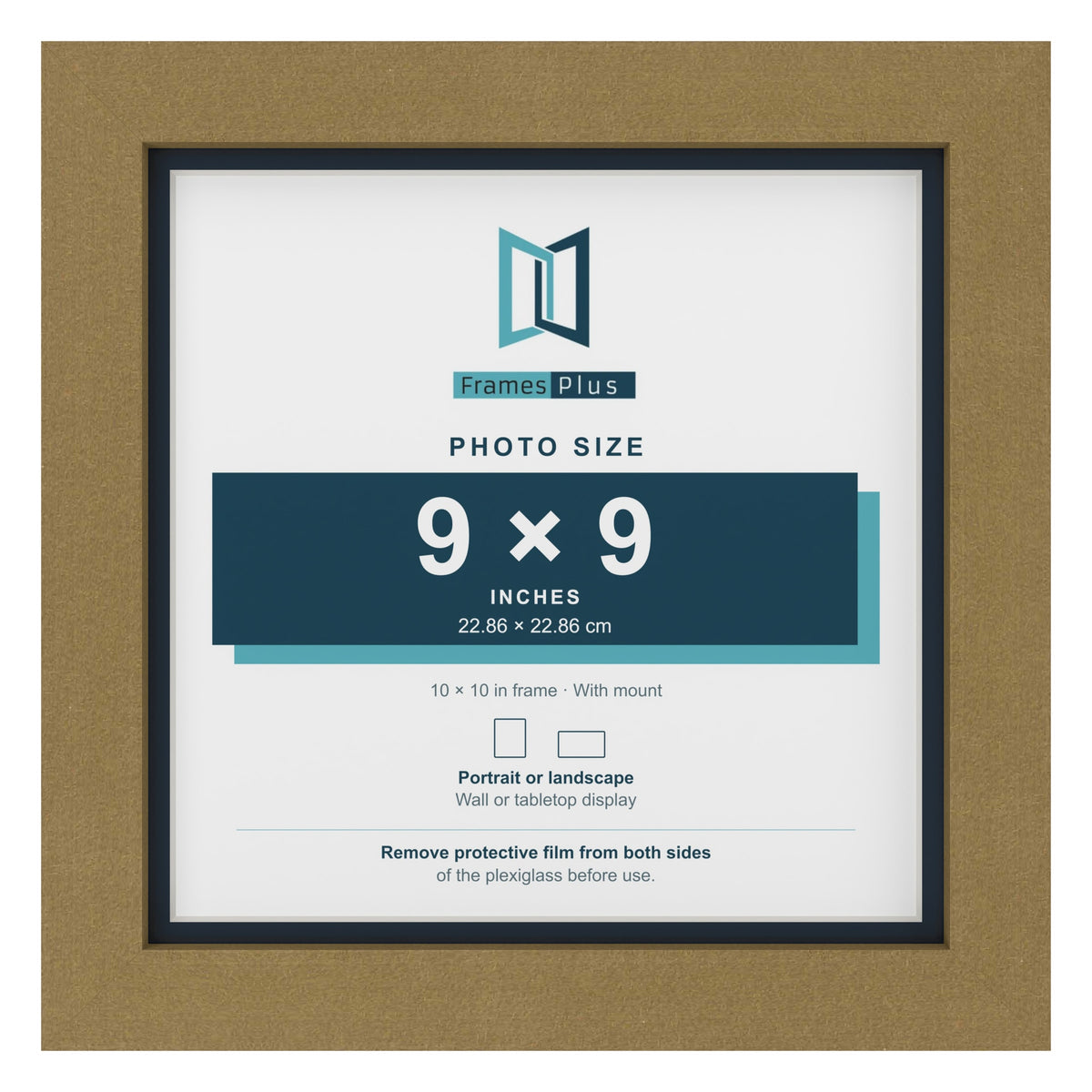 Gold 10 x 10 inch picture frame with a Pacific Blue mount for a 9 x 9 inch photo