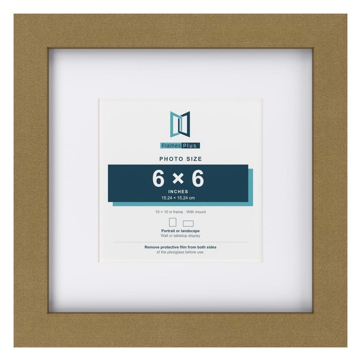 Gold 10 x 10 inch picture frame with a white mount for a 6 x 6 inch photo