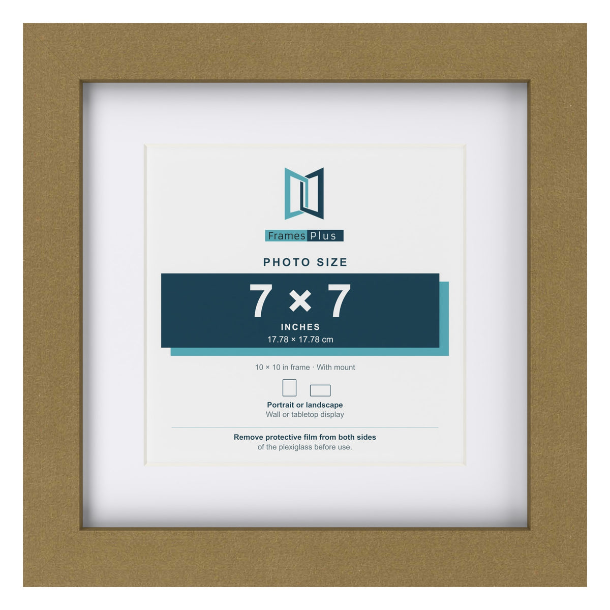 Gold 10 x 10 inch picture frame with a white mount for a 7 x 7 inch photo