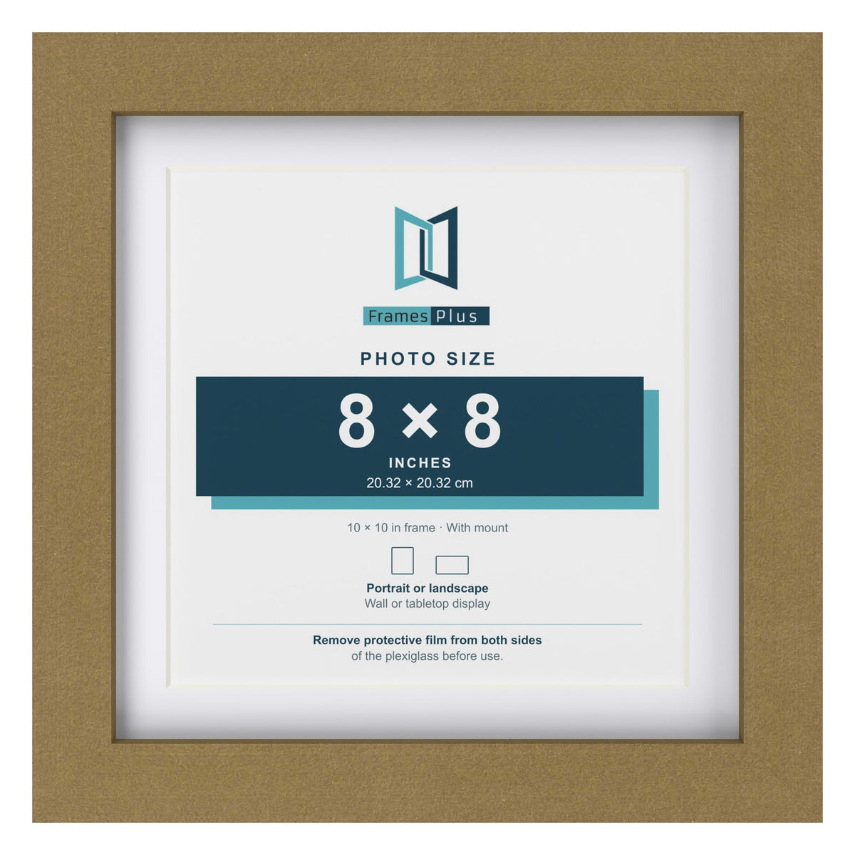 Gold 10 x 10 inch picture frame with a white mount for a 8 x 8 inch photo