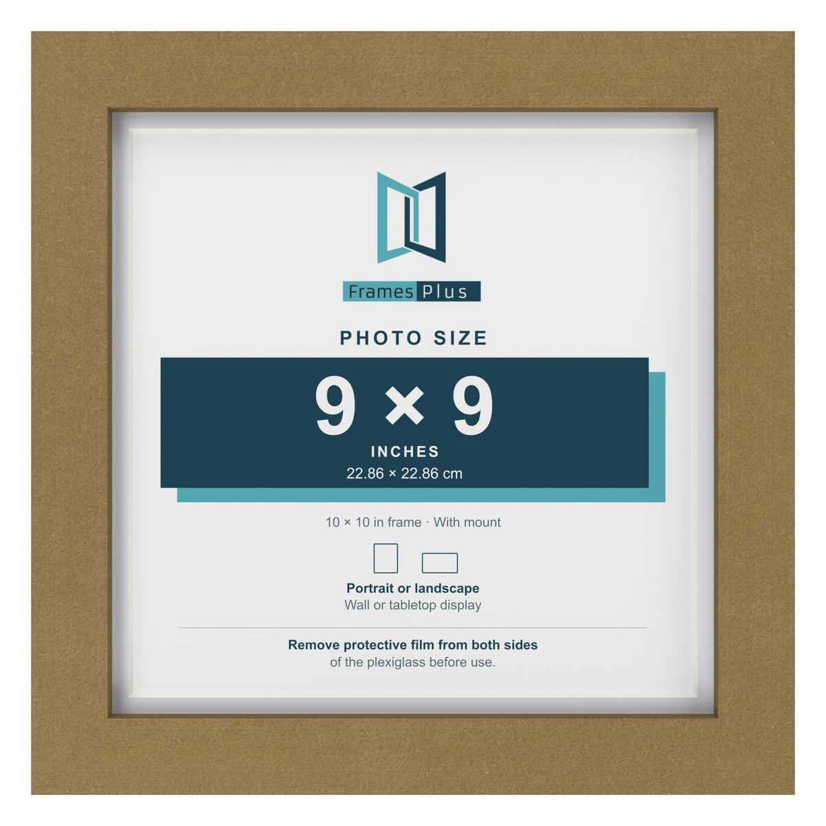 Gold 10 x 10 inch picture frame with a white mount for a 9 x 9 inch photo