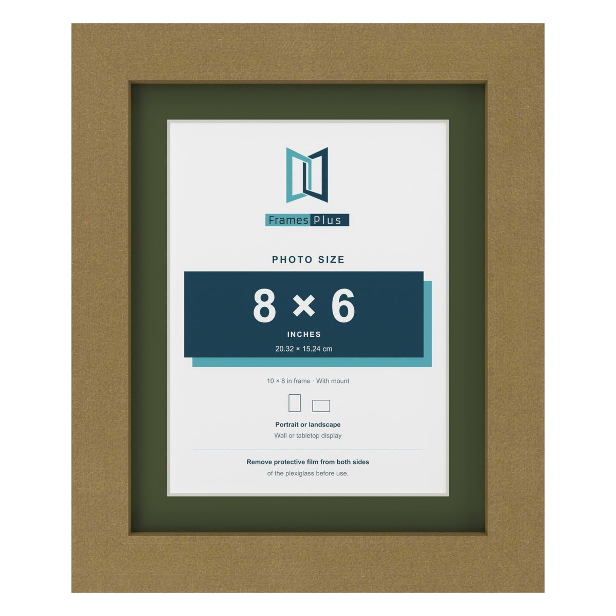 Gold 10 x 8 inch picture frame with a green mount for an 8 x 6 inch photo