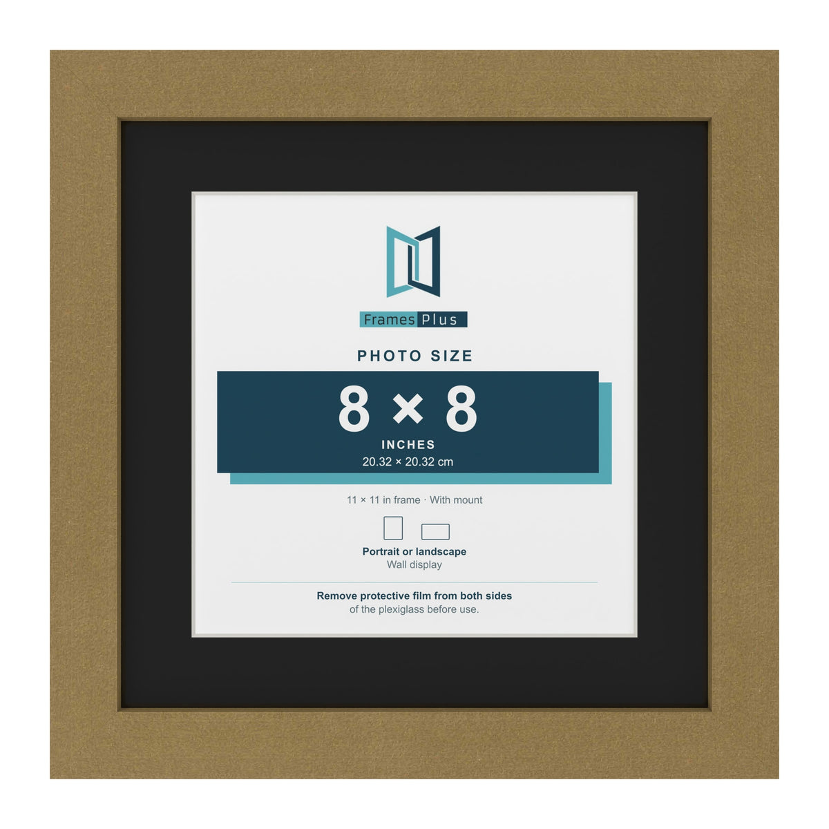 Gold 11 x 11 inch picture frame with a black mount for an 8 x 8 inch photo