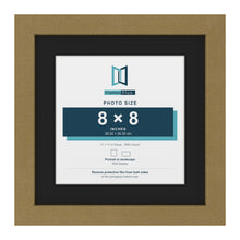 Gold 11 x 11 inch picture frame with a black mount for an 8 x 8 inch photo