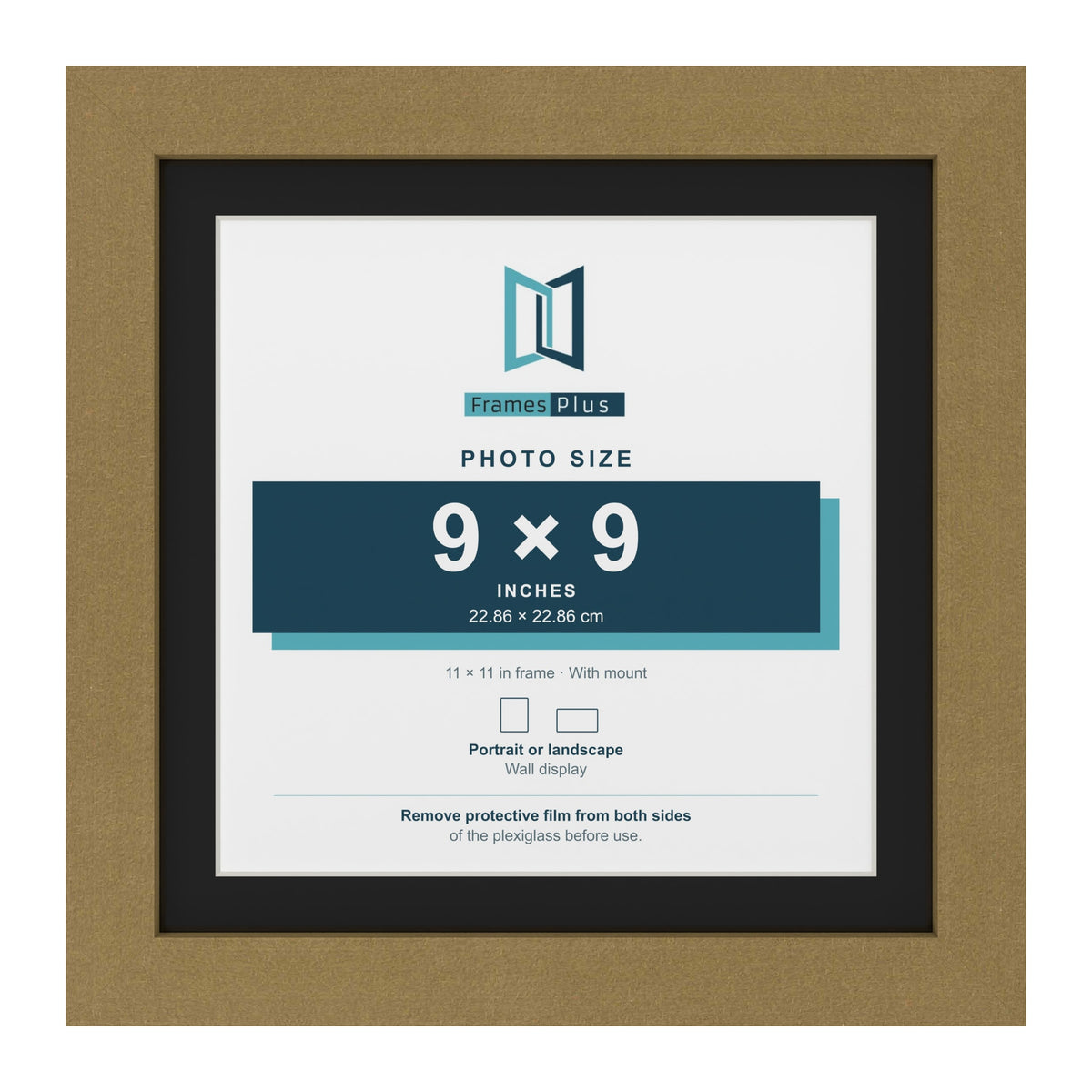Gold 11 x 11 inch picture frame with a black mount for a 9 x 9 inch photo