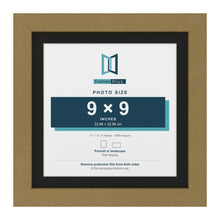 Gold 11 x 11 inch picture frame with a black mount for a 9 x 9 inch photo
