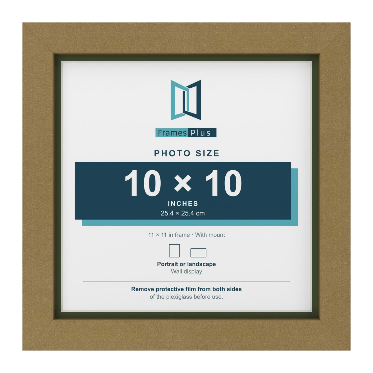 Gold 11 x 11 inch picture frame with a green mount for a 10 x 10 inch photo