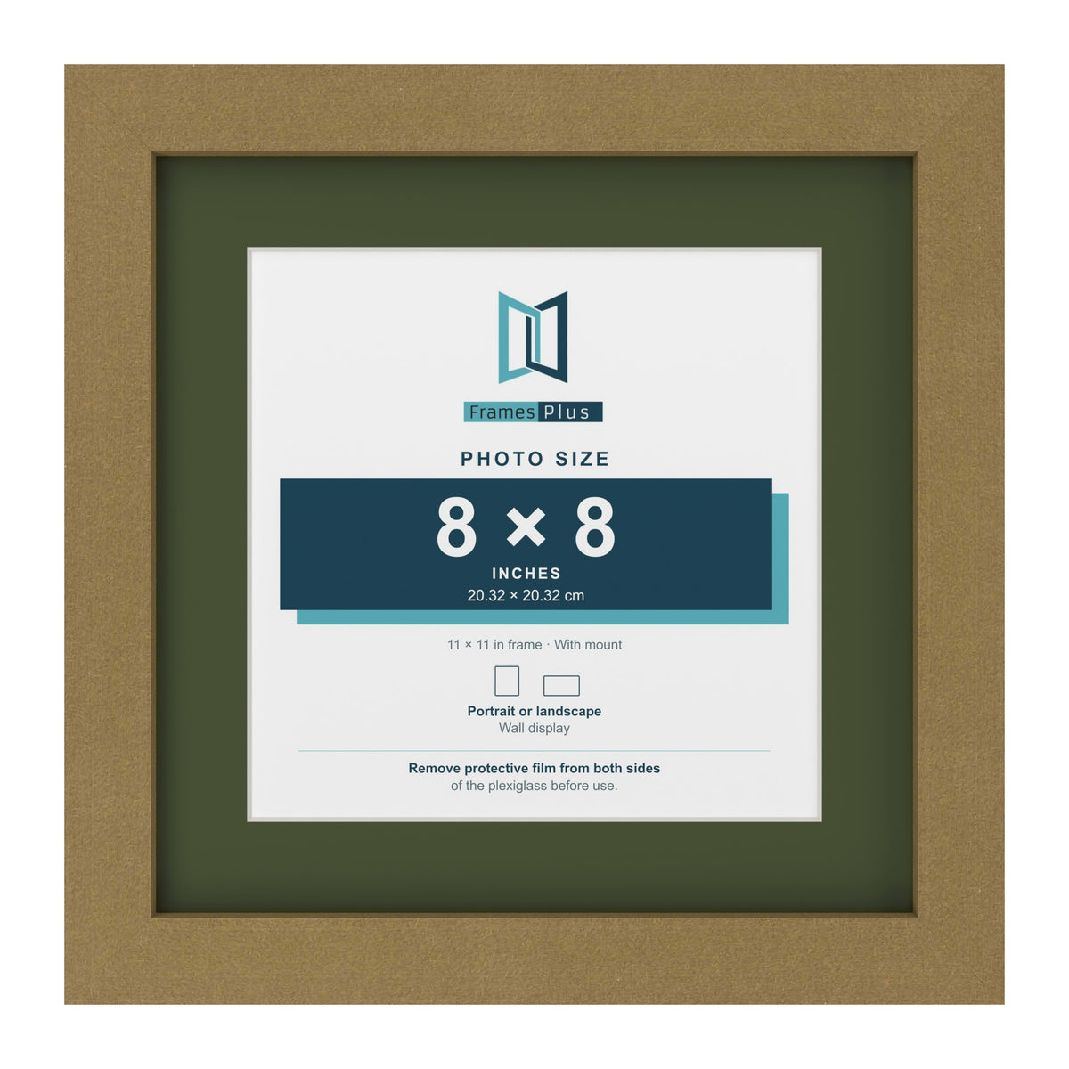 Gold 11 x 11 inch picture frame with a green mount for an 8 x 8 inch photo