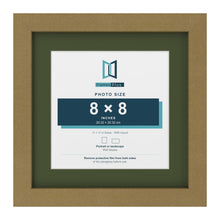 Gold 11 x 11 inch picture frame with a green mount for an 8 x 8 inch photo