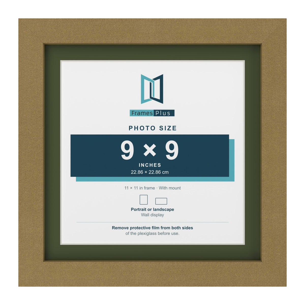 Gold 11 x 11 inch picture frame with a green mount for a 9 x 9 inch photo