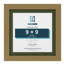 Gold 11 x 11 inch picture frame with a green mount for a 9 x 9 inch photo