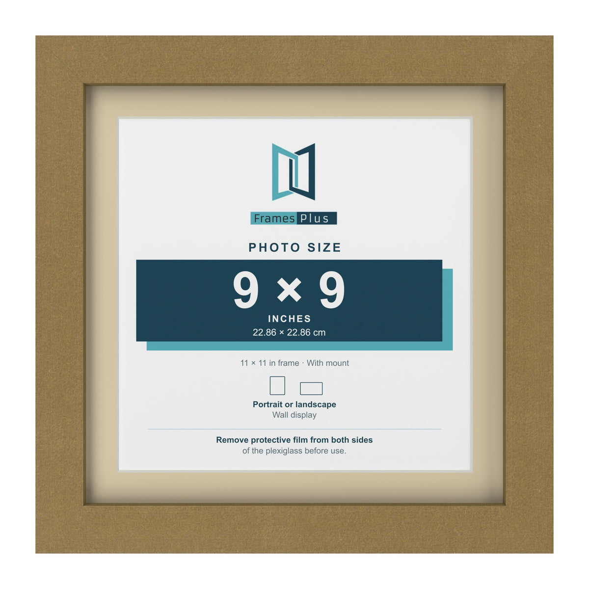 Gold 11 x 11 inch picture frame with an ivory mount for a 9 x 9 inch photo