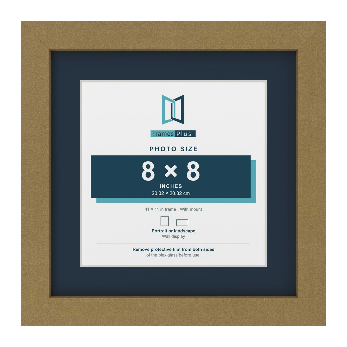 Gold 11 x 11 inch picture frame with a Pacific Blue mount for an 8 x 8 inch photo