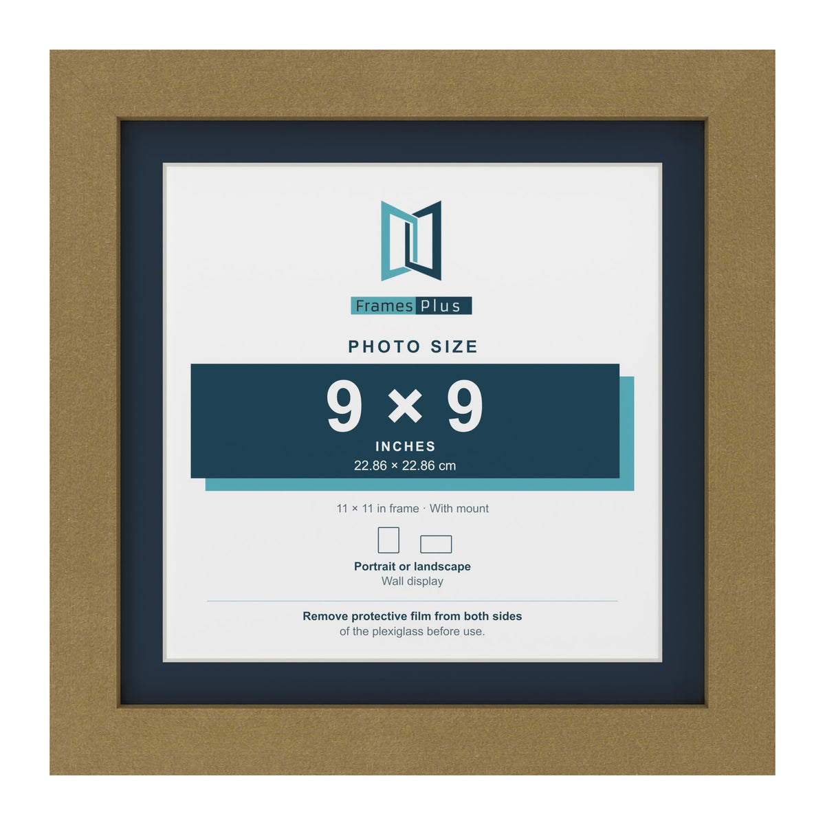 Gold 11 x 11 inch picture frame with a Pacific Blue mount for a 9 x 9 inch photo