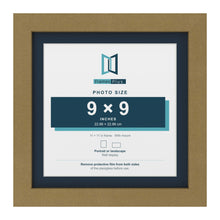 Gold 11 x 11 inch picture frame with a Pacific Blue mount for a 9 x 9 inch photo