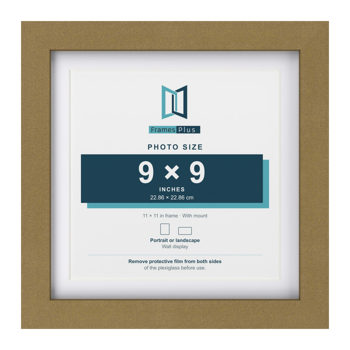 Gold 11 x 11 inch picture frame with a white mount for a 9 x 9 inch photo