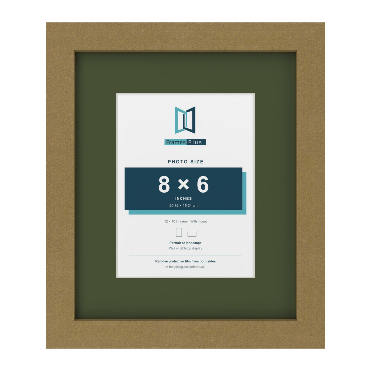 Gold 12 x 10 inch picture frame with a green mount for an 8 x 6 inch photo