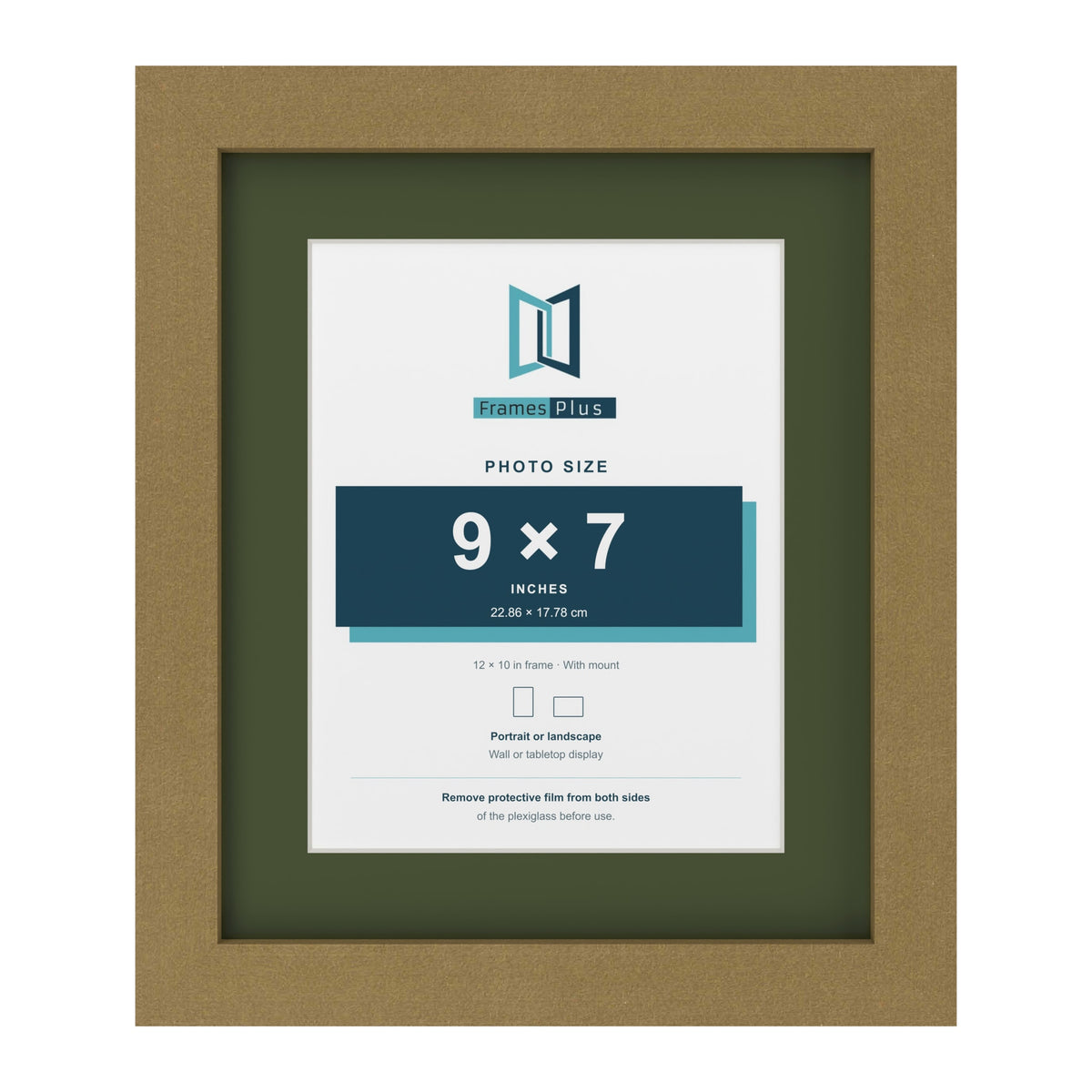 Gold 12 x 10 inch picture frame with a green mount for a 9 x 7 inch photo