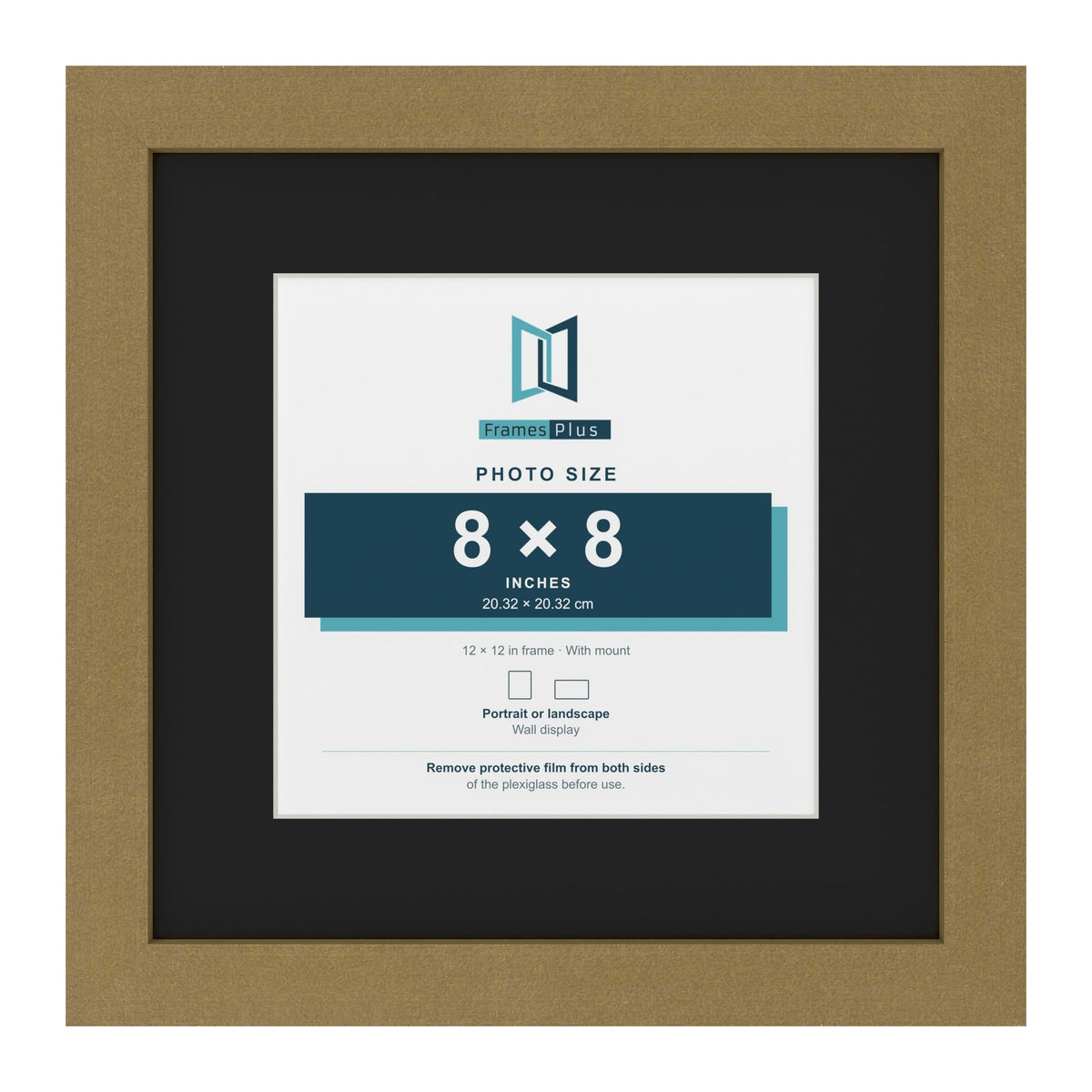 Gold 12 x 12 inch picture frame with a black mount for an 8 x 8 inch photo