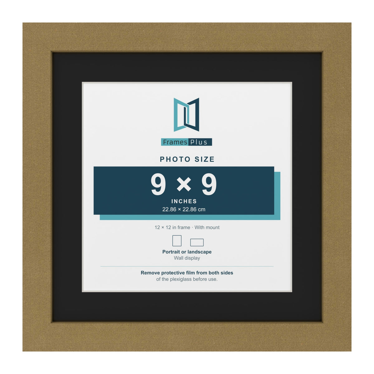 Gold 12 x 12 inch picture frame with a black mount for a 9 x 9 inch photo