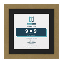 Gold 12 x 12 inch picture frame with a black mount for a 9 x 9 inch photo